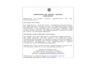 Invites application for posts at Embassy of India, Hanoi